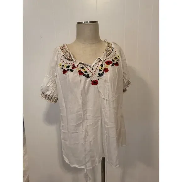Voice Embroidered Tunic Womens XL White Boho Floral Peasant Top India Festival - Picture 2 of 12
